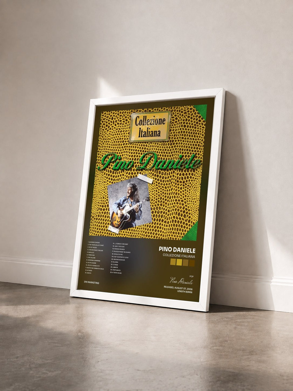 #blanc Tableau de l'album Collezione Italiana de Pino Daniele vu de trois quarts, cadre blanc