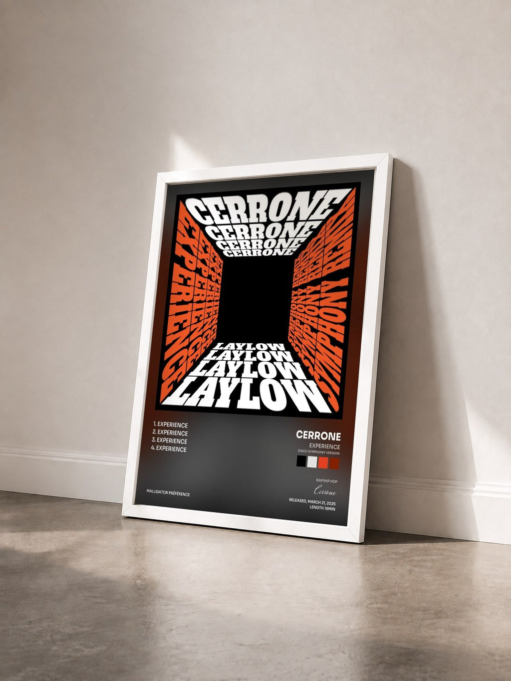 #blanc Tableau de l'album Experience (Disco Symphony Version) de Cerrone vu de trois quarts, cadre blanc