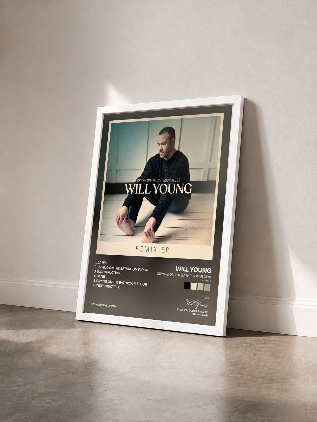 #blanc Tableau de l'album Crying on the Bathroom Floor (Remix EP) de Will Young vu de trois quarts, cadre blanc