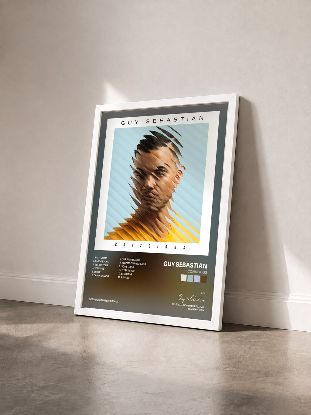 #blanc Tableau de l'album Conscious de Guy Sebastian vu de trois quarts, cadre blanc
