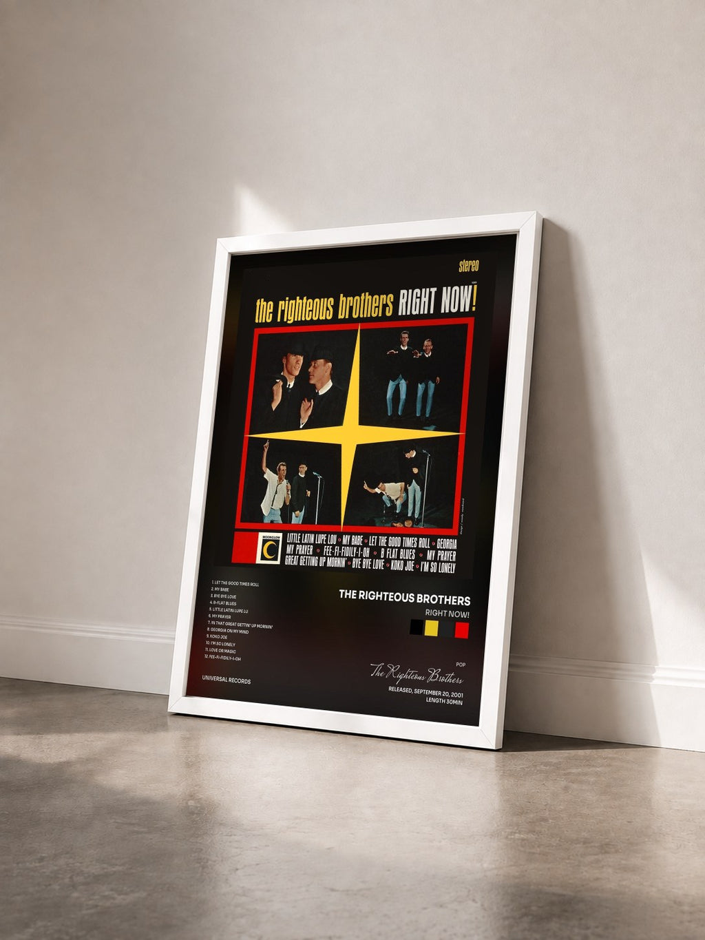 #blanc Tableau de l'album Right Now! de The Righteous Brothers vu de trois quarts, cadre blanc