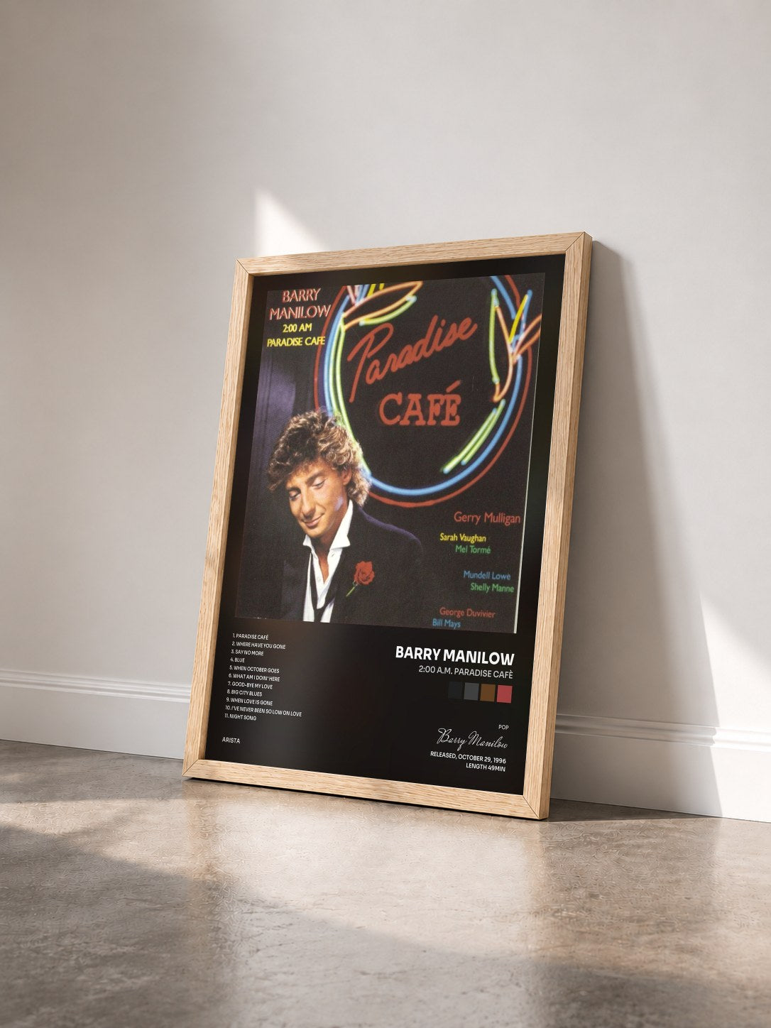#bois Tableau de l'album 2:00 A.M. Paradise Cafè de Barry Manilow vu de trois quarts, cadre en bois brut
