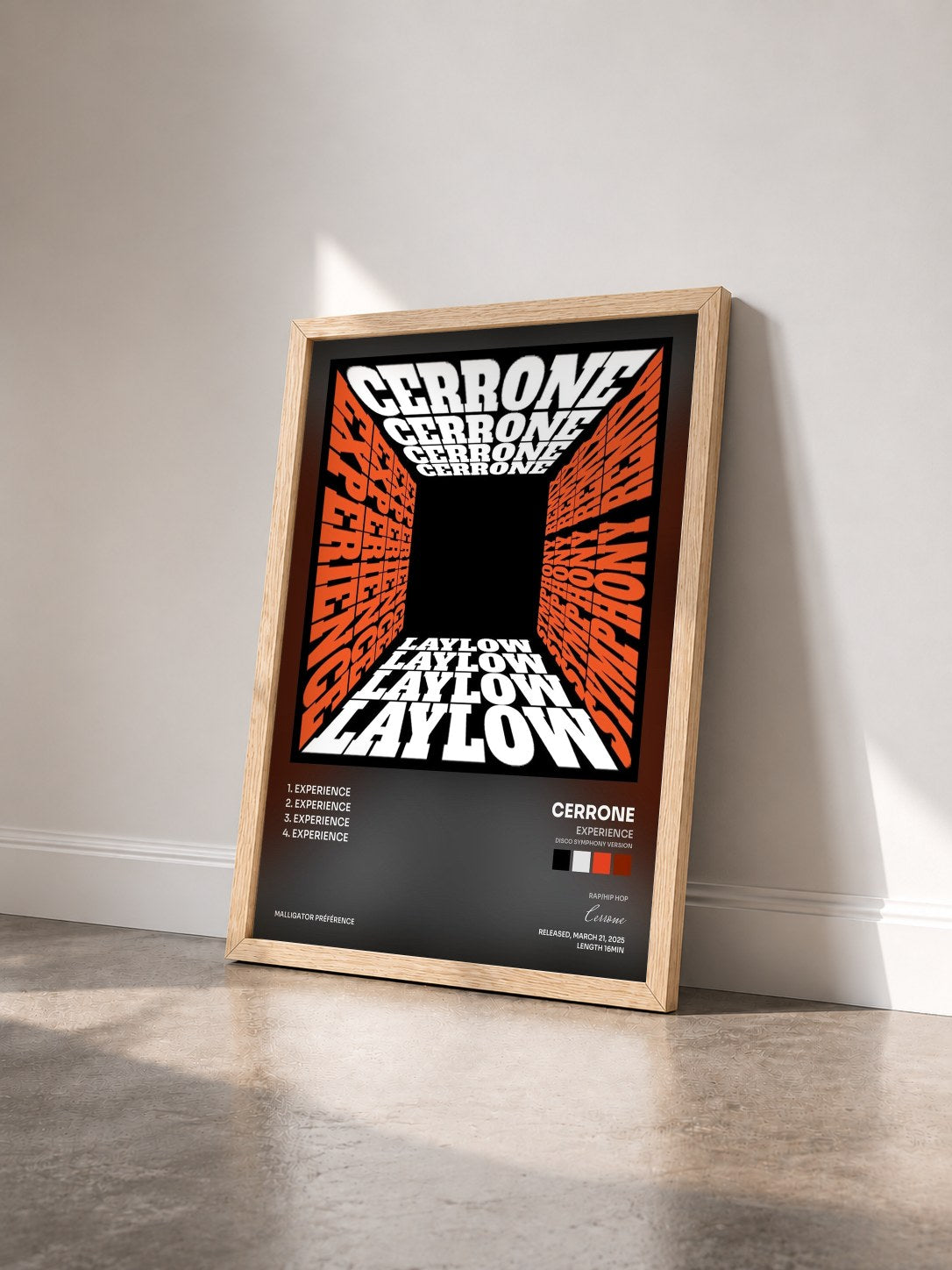 #bois Tableau de l'album Experience (Disco Symphony Version) de Cerrone vu de trois quarts, cadre en bois brut