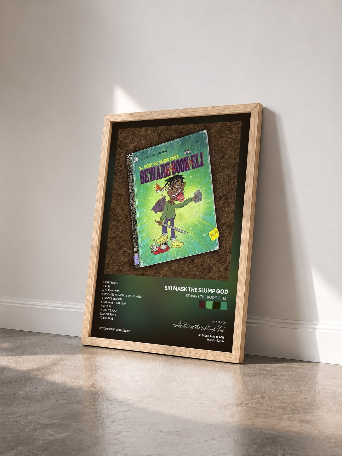 #bois Tableau de l'album BEWARE THE BOOK OF ELI de Ski Mask the Slump God vu de trois quarts, cadre en bois brut