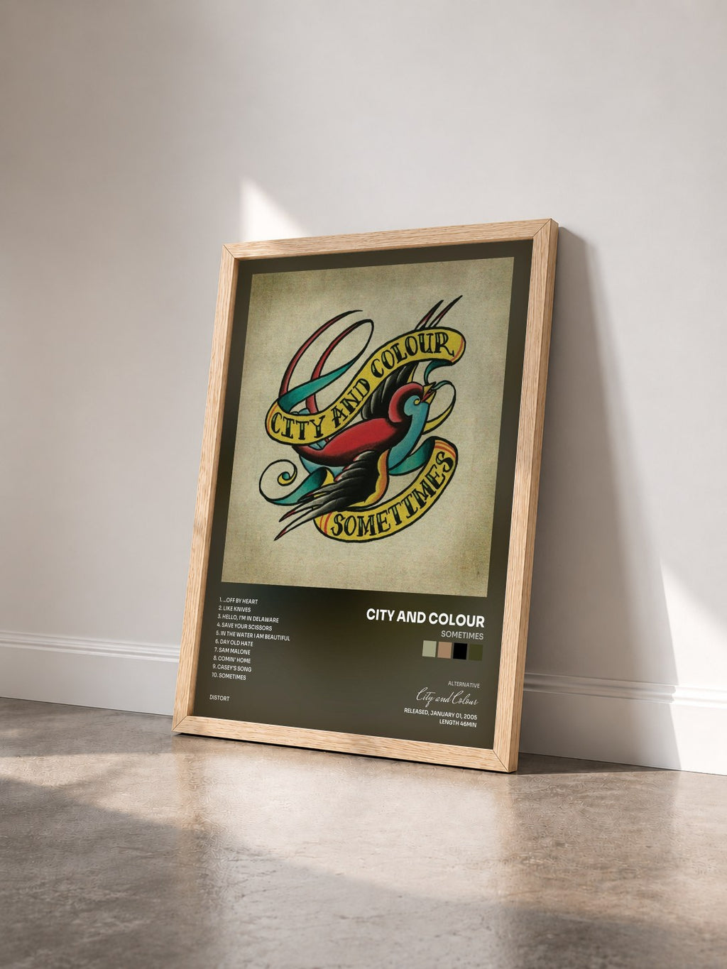 #bois Tableau de l'album Sometimes de City and Colour vu de trois quarts, cadre en bois brut