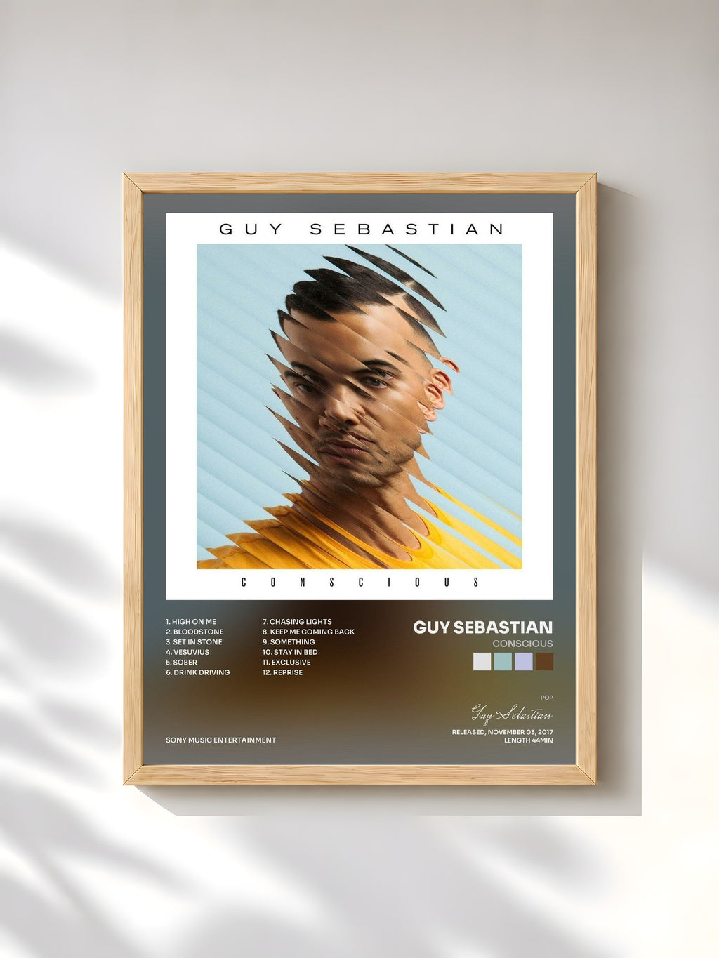 #bois Tableau de l'album Conscious de Guy Sebastian, cadre en bois brut, imprimé et encadré en France