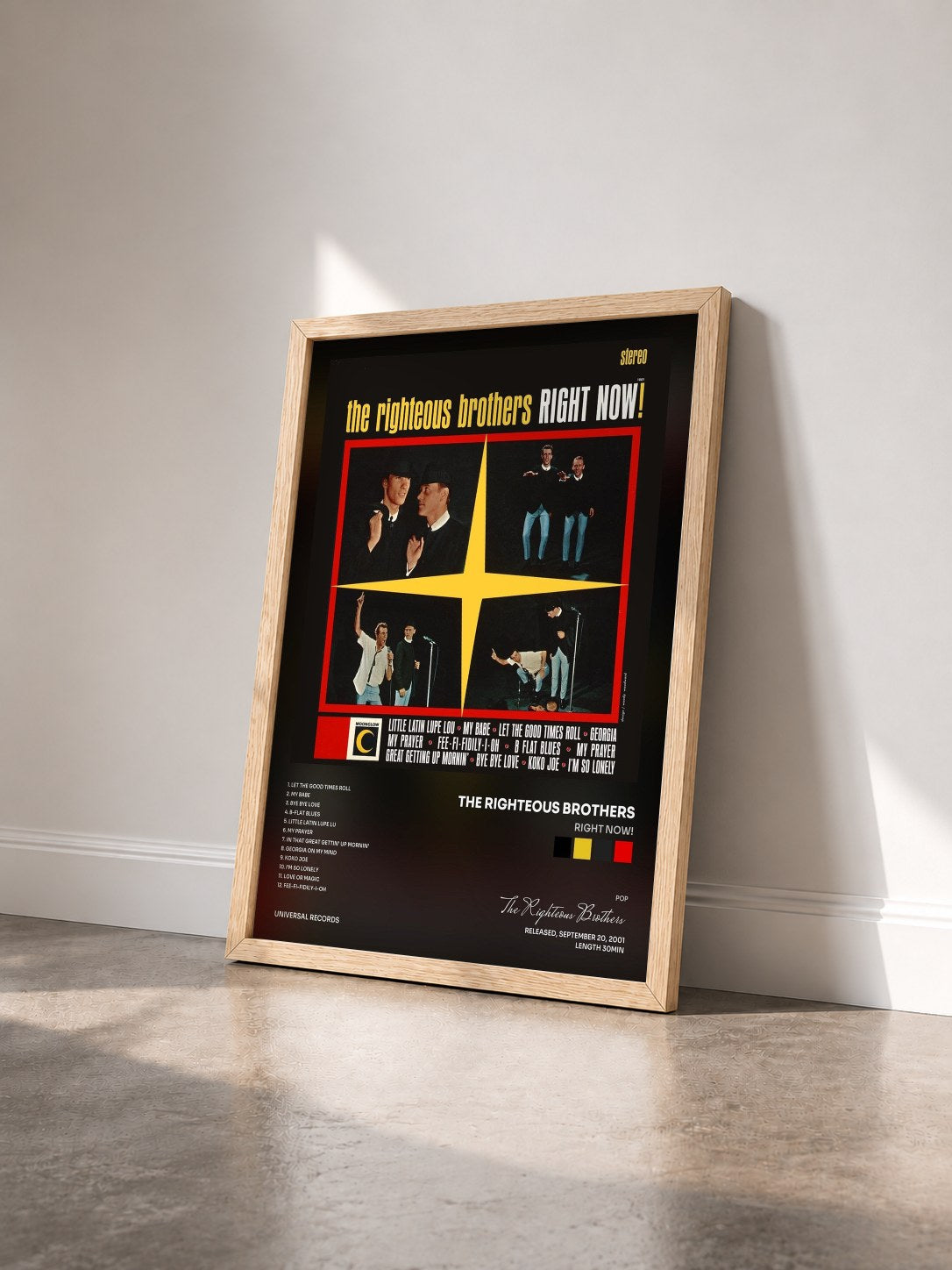 #bois Tableau de l'album Right Now! de The Righteous Brothers vu de trois quarts, cadre en bois brut