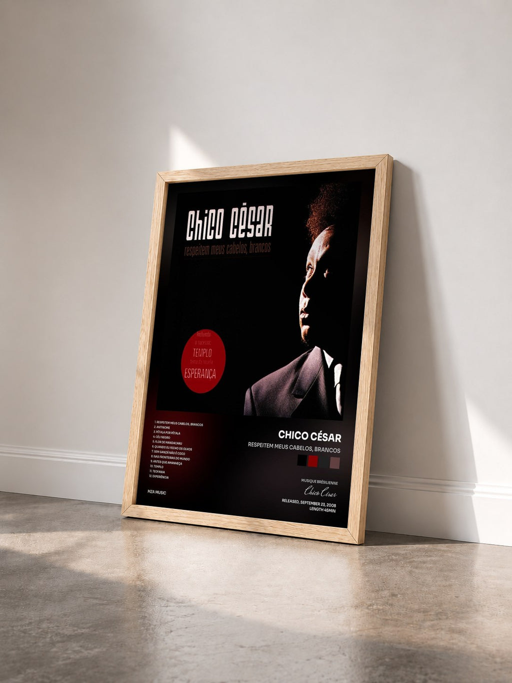 #bois Tableau de l'album Respeitem Meus Cabelos, Brancos de Chico César vu de trois quarts, cadre en bois brut