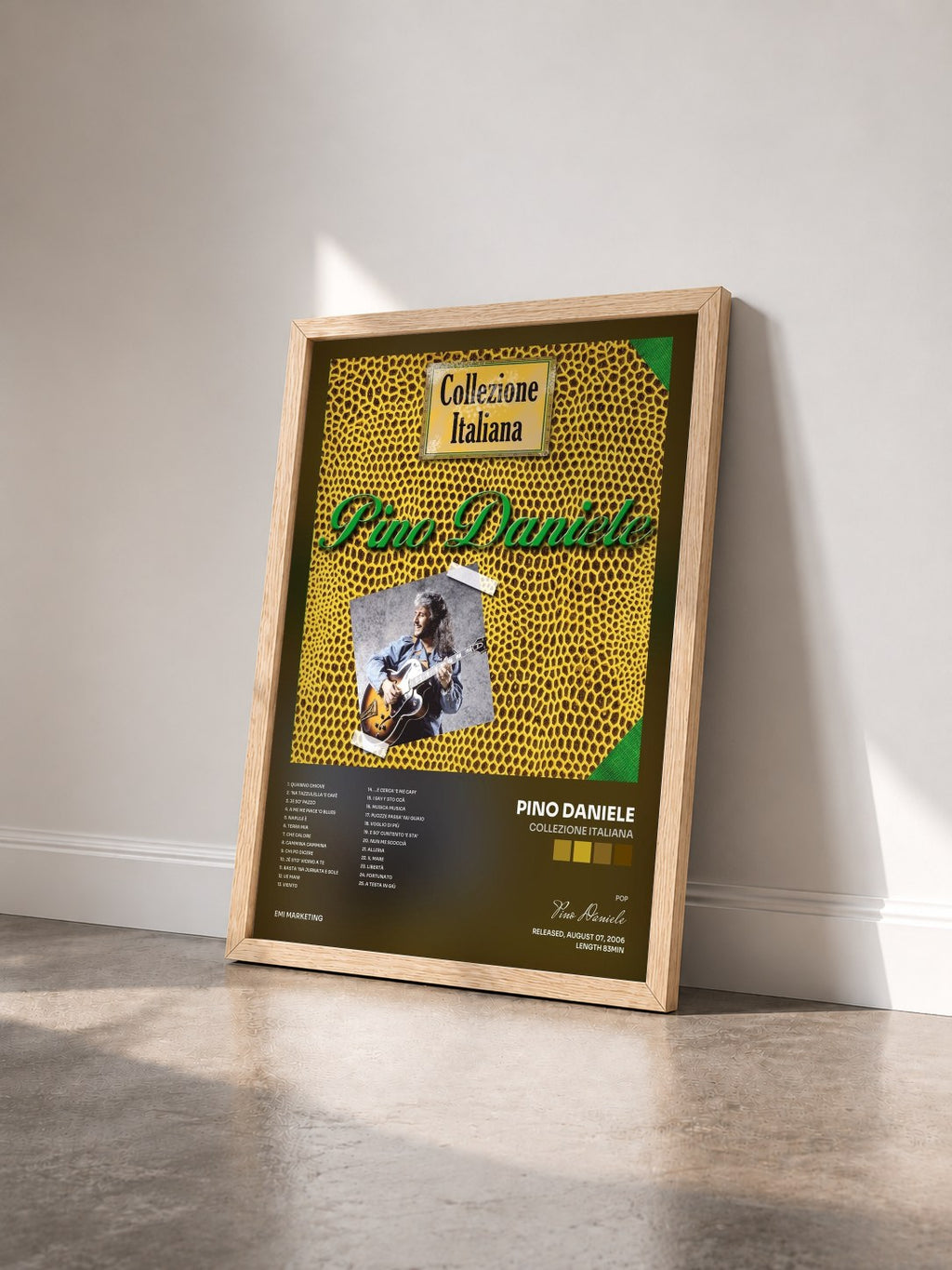 #bois Tableau de l'album Collezione Italiana de Pino Daniele vu de trois quarts, cadre en bois brut