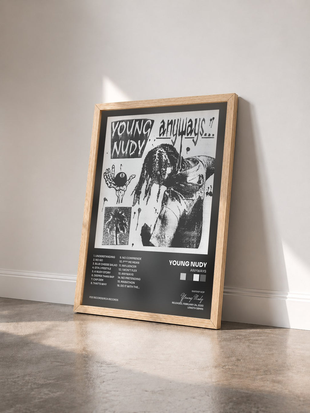 #bois Tableau de l'album Anyways de Young Nudy vu de trois quarts, cadre en bois brut