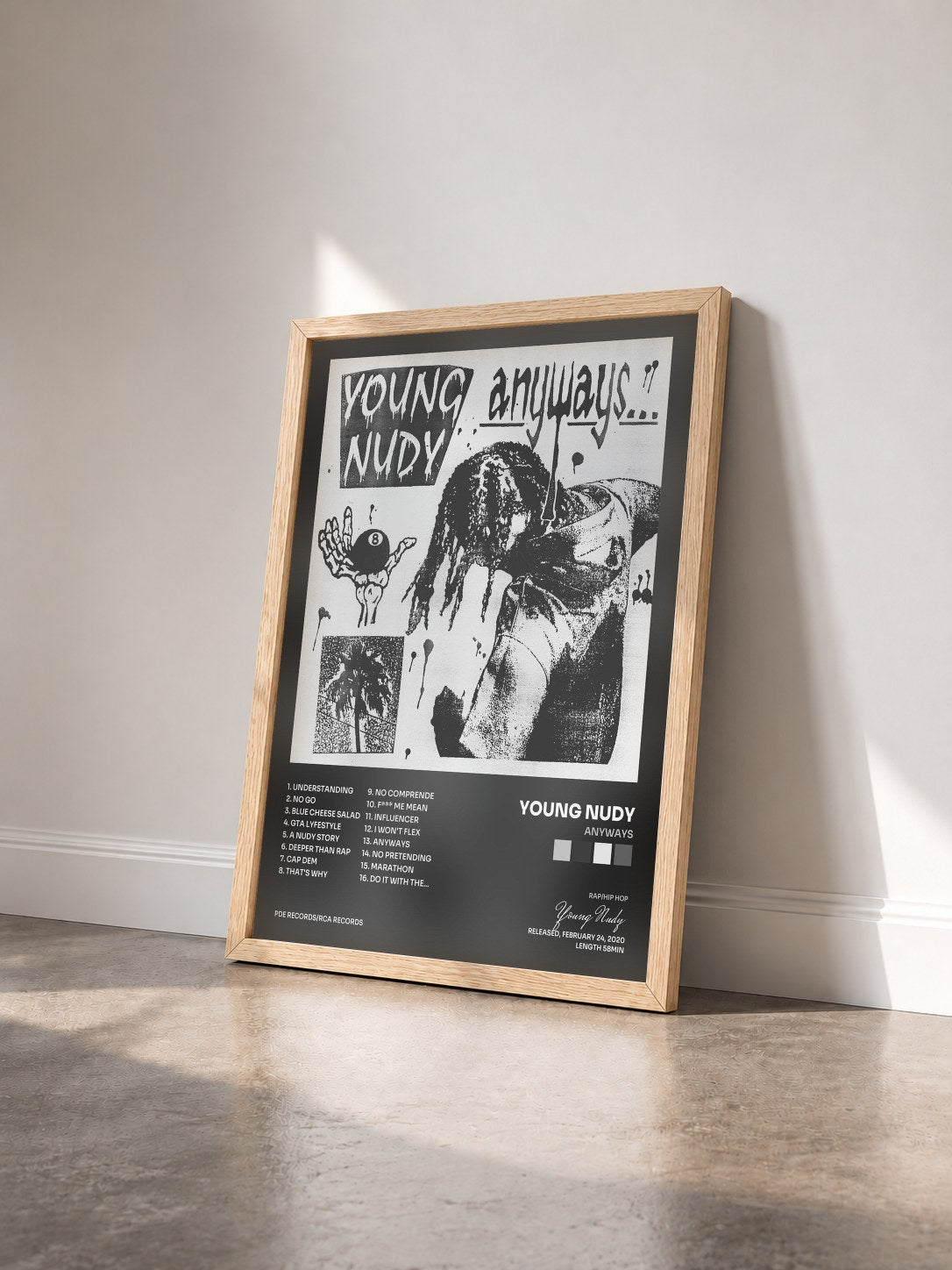 #bois Tableau de l'album Anyways de Young Nudy vu de trois quarts, cadre en bois brut
