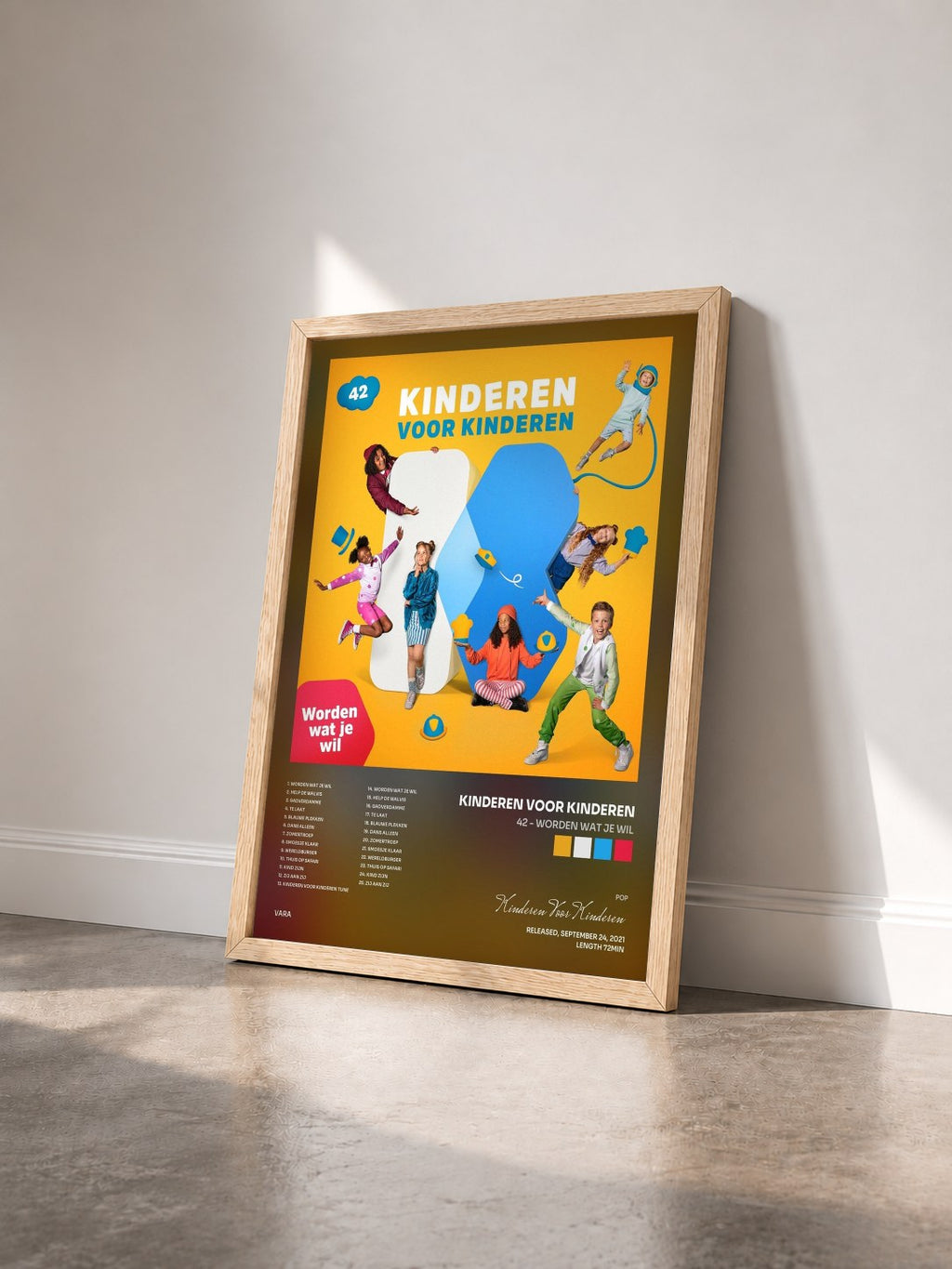 #bois Tableau de l'album 42 - Worden wat je wil de Kinderen Voor Kinderen vu de trois quarts, cadre en bois brut