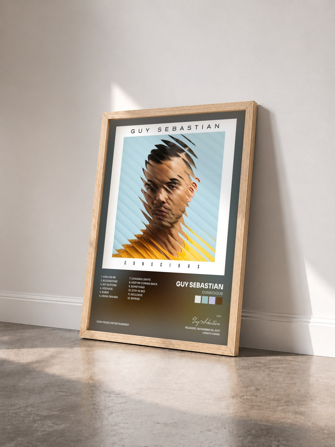 #bois Tableau de l'album Conscious de Guy Sebastian vu de trois quarts, cadre en bois brut