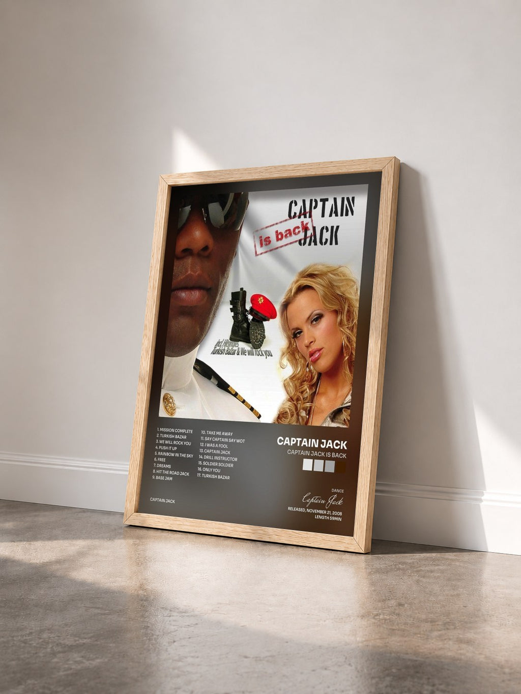 #bois Tableau de l'album Captain Jack Is Back de Captain Jack vu de trois quarts, cadre en bois brut
