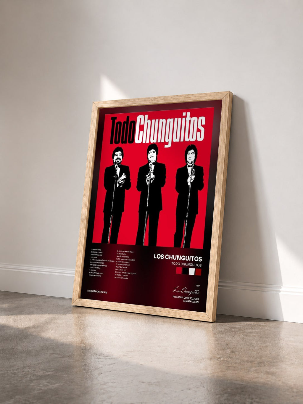 #bois Tableau de l'album Todo Chunguitos de Los Chunguitos vu de trois quarts, cadre en bois brut