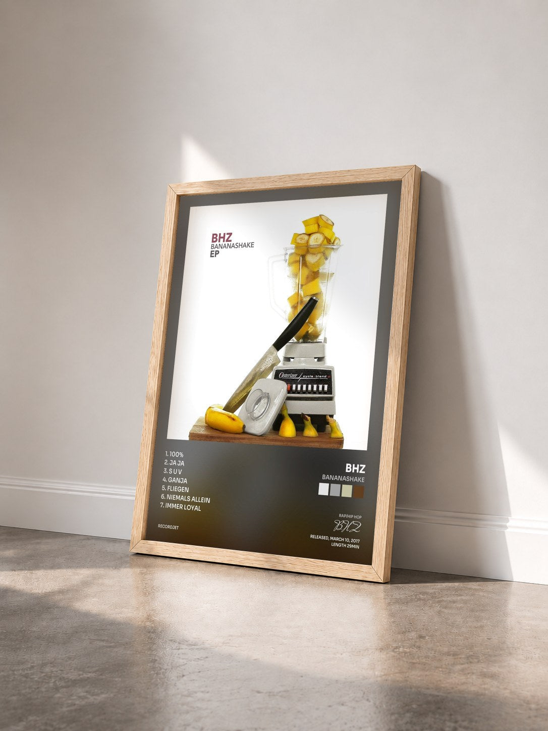 #bois Tableau de l'album Bananashake de BHZ vu de trois quarts, cadre en bois brut