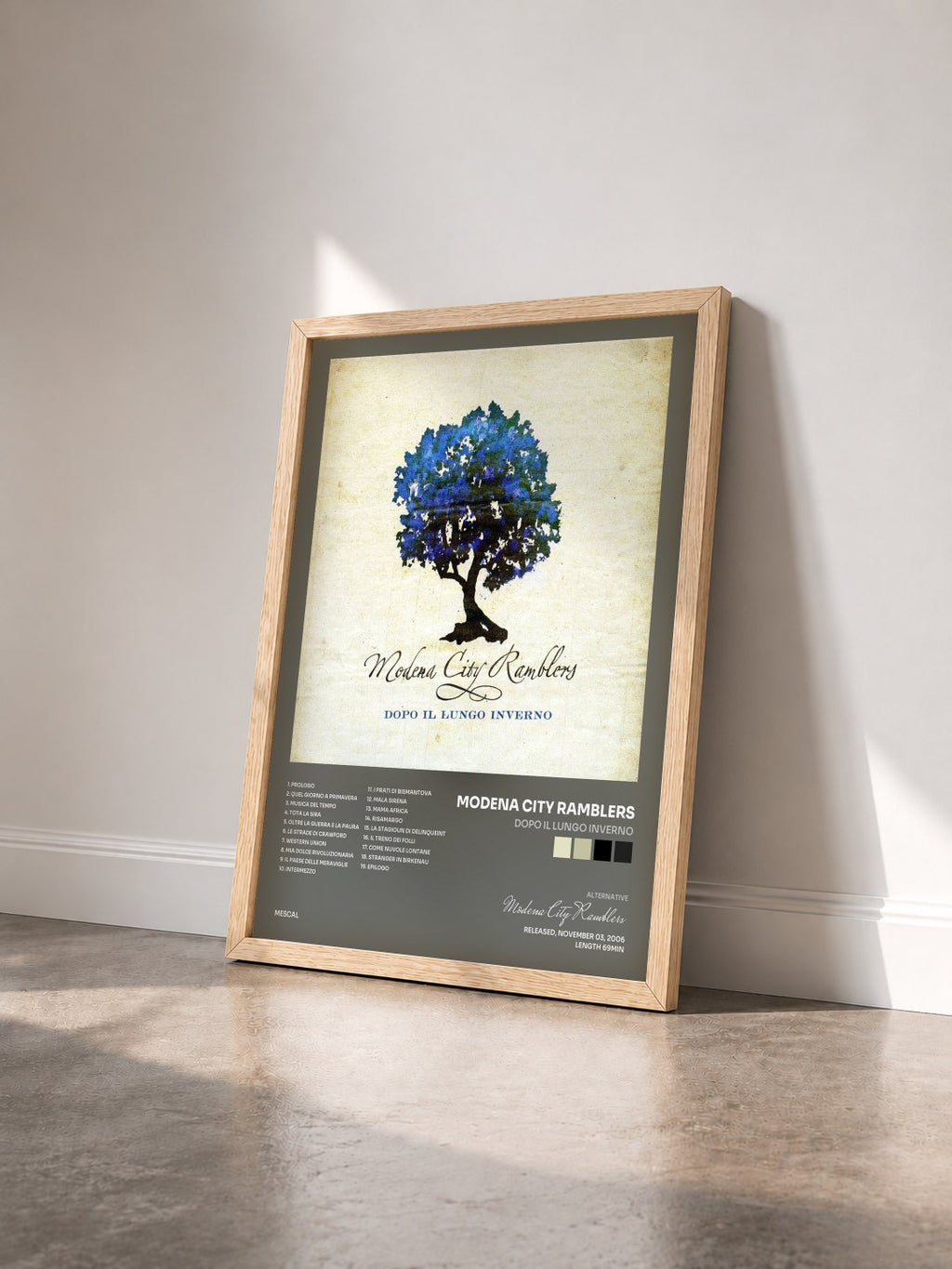 #bois Tableau de l'album Dopo il lungo inverno de Modena City Ramblers vu de trois quarts, cadre en bois brut