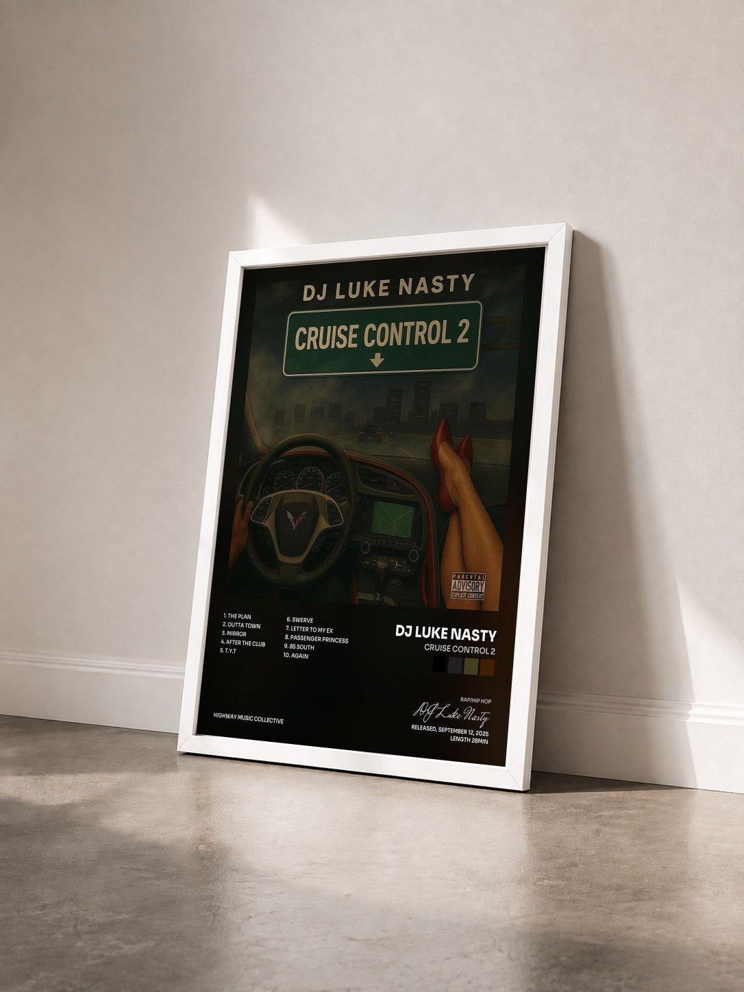 #blanc Tableau de l'album Cruise Control 2 de DJ Luke Nasty vu de trois quarts, cadre blanc