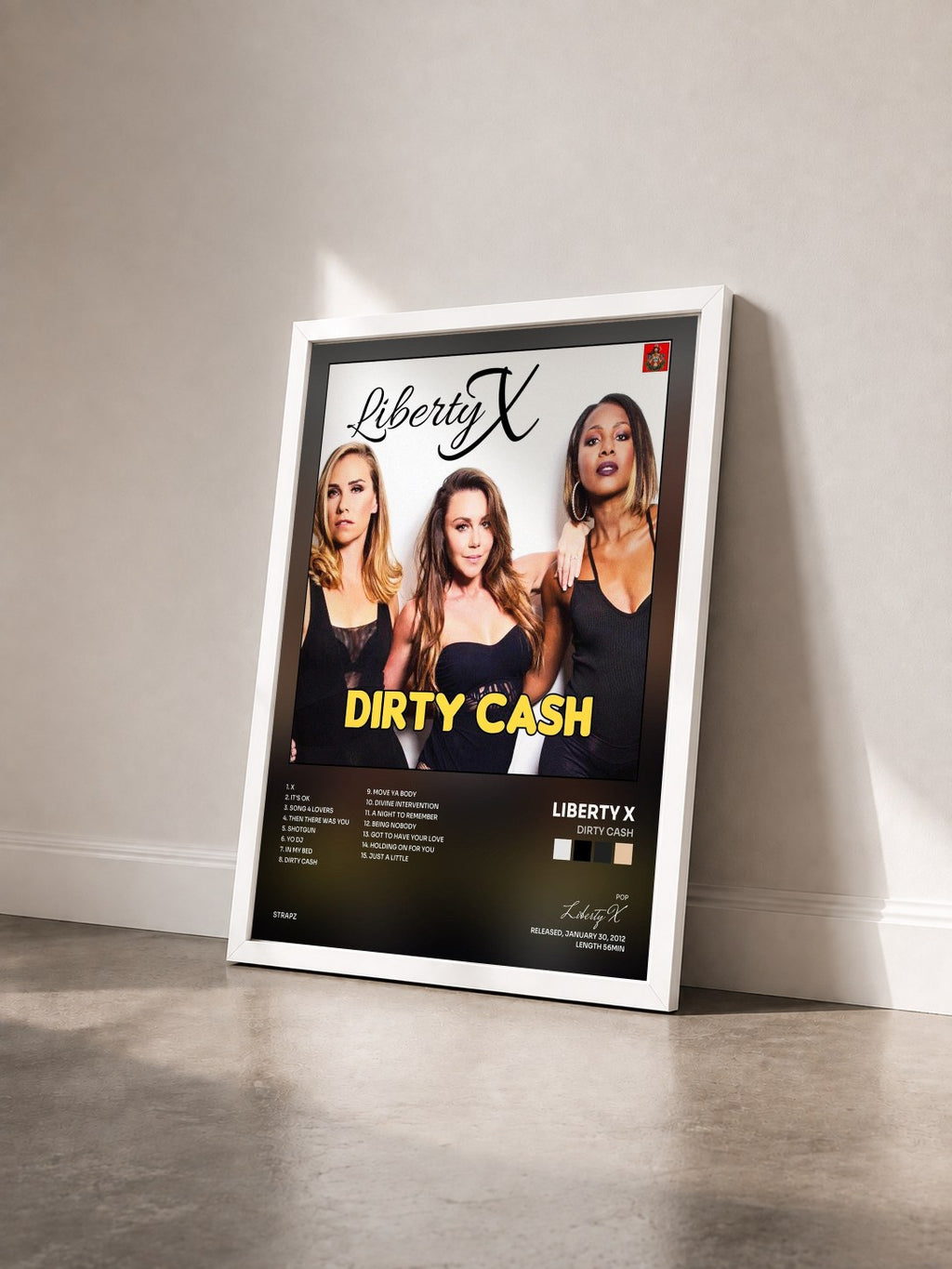 #blanc Tableau de l'album Dirty Cash de Liberty X vu de trois quarts, cadre blanc
