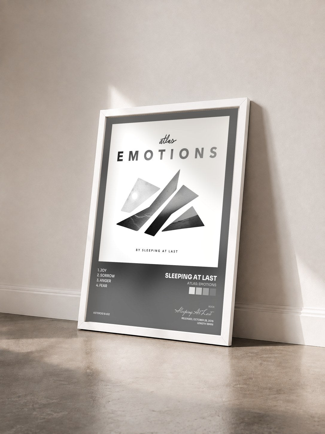 #blanc Tableau de l'album Atlas: Emotions de Sleeping At Last vu de trois quarts, cadre blanc