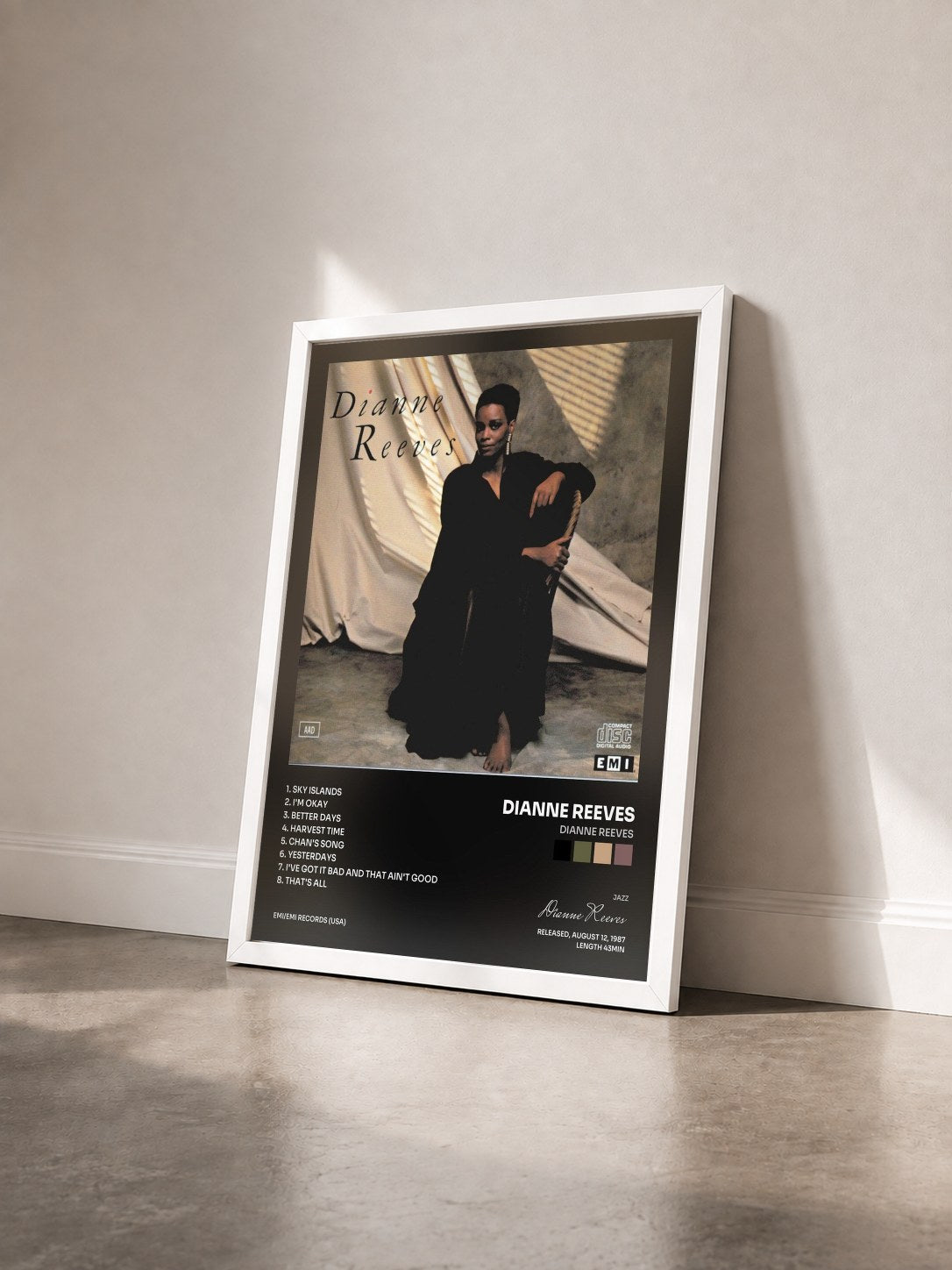 #blanc Tableau de l'album Dianne Reeves de Dianne Reeves vu de trois quarts, cadre blanc