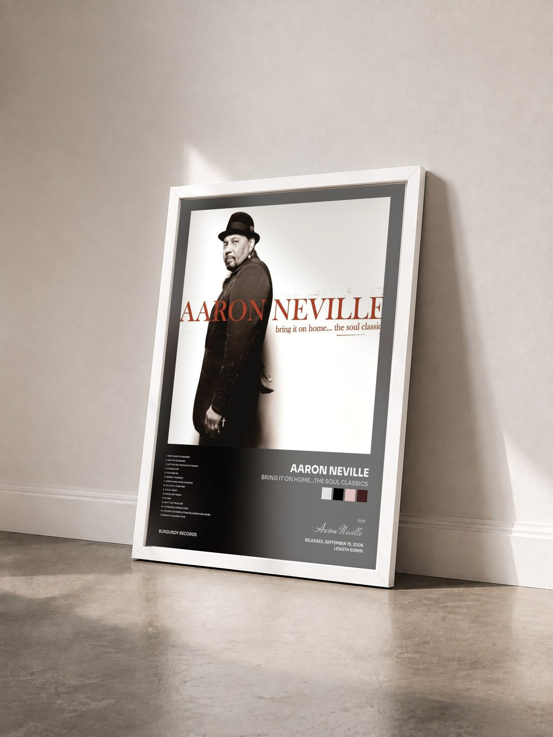 #blanc Tableau de l'album Bring It On Home...The Soul Classics de Aaron Neville vu de trois quarts, cadre blanc
