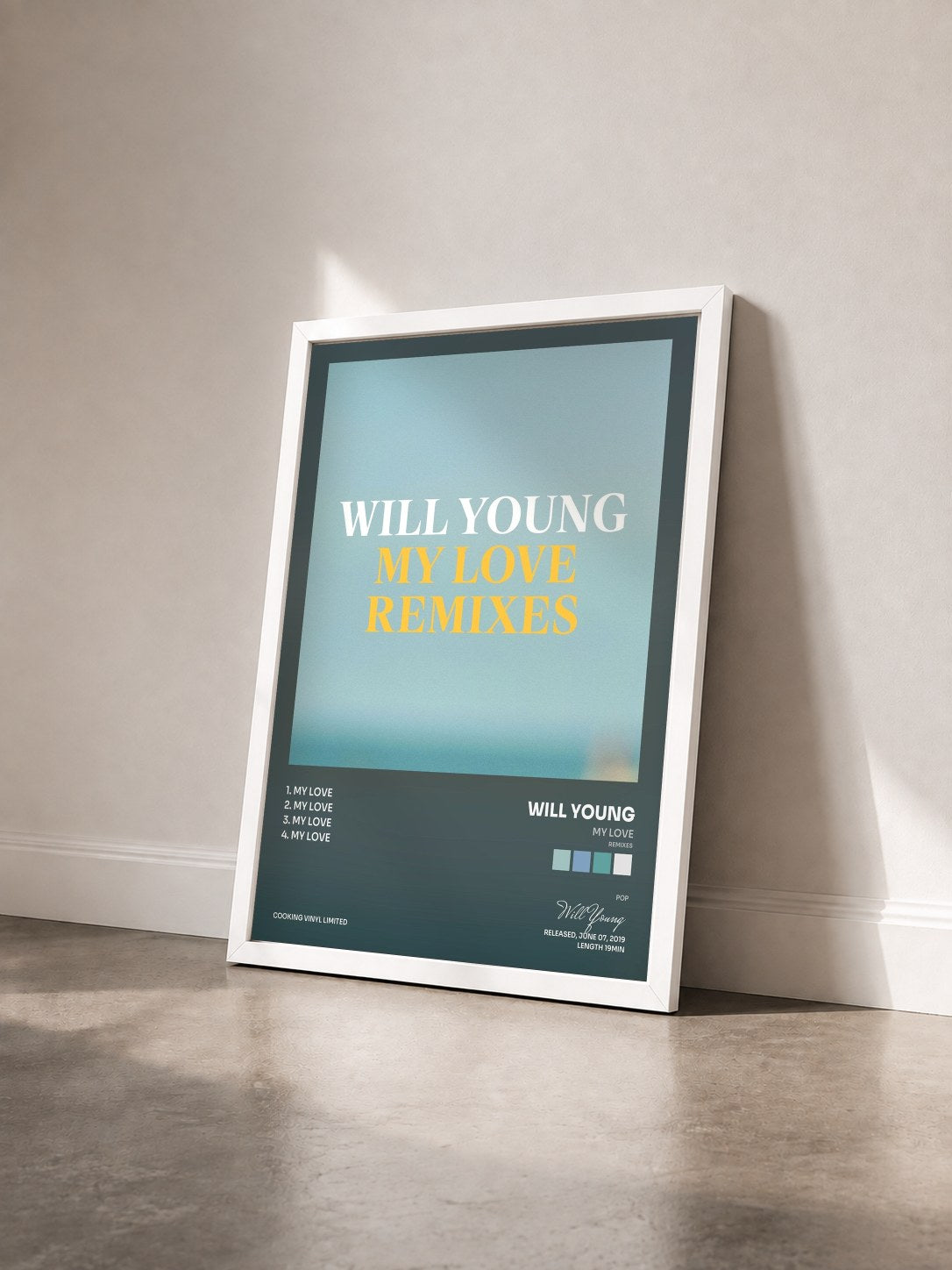 #blanc Tableau de l'album My Love (Remixes) de Will Young vu de trois quarts, cadre blanc