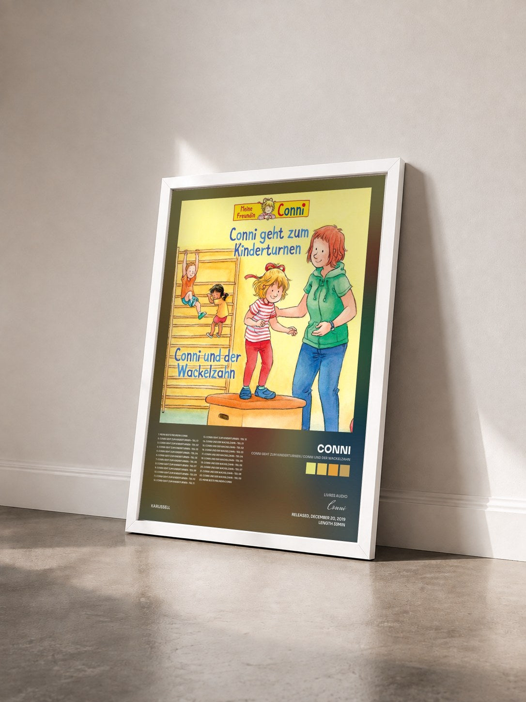 #blanc Tableau de l'album Conni geht zum Kinderturnen / Conni und der Wackelzahn de Conni vu de trois quarts, cadre blanc
