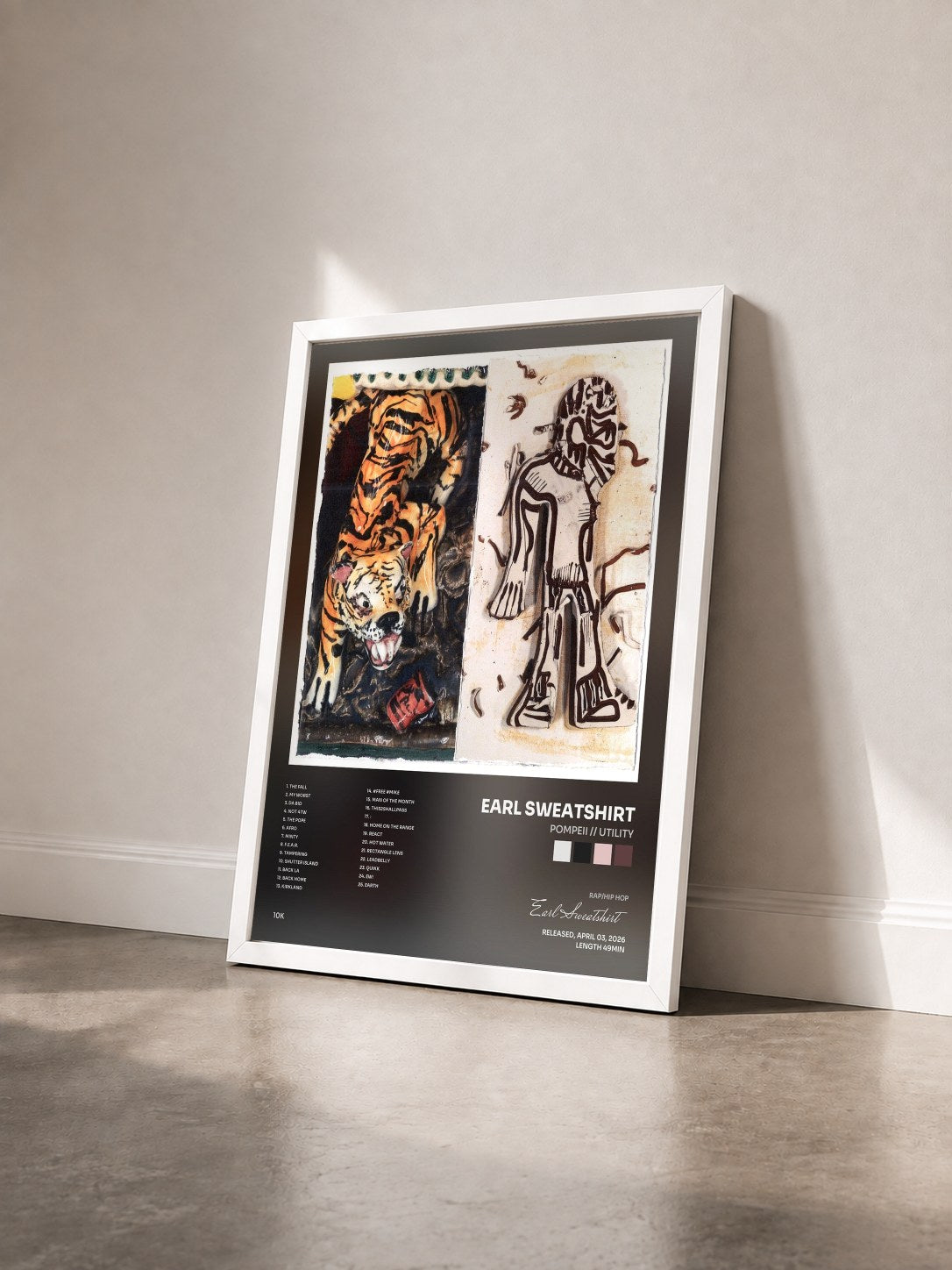 #blanc Tableau de l'album POMPEII // UTILITY de Earl Sweatshirt vu de trois quarts, cadre blanc