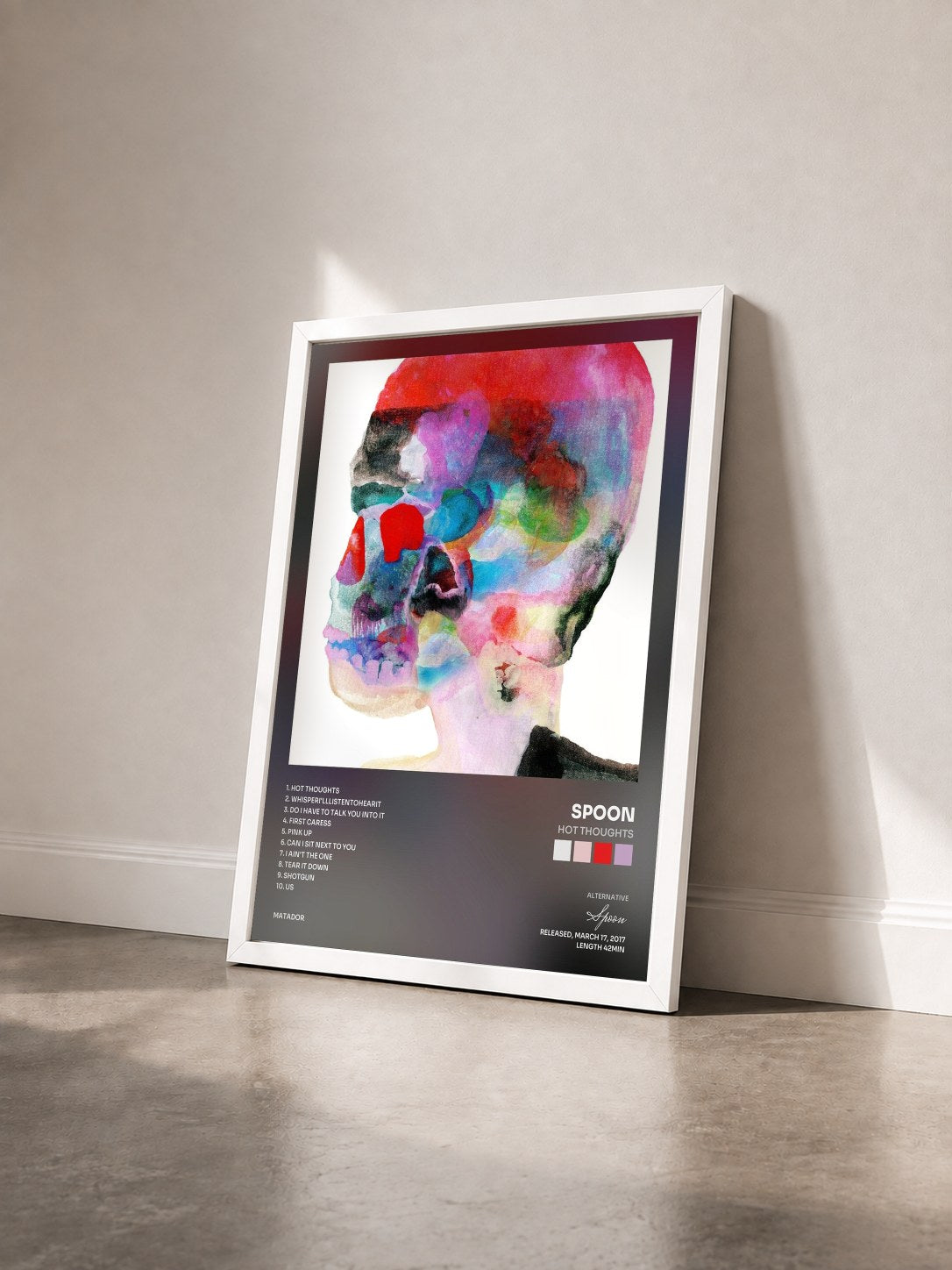 #blanc Tableau de l'album Hot Thoughts de Spoon vu de trois quarts, cadre blanc
