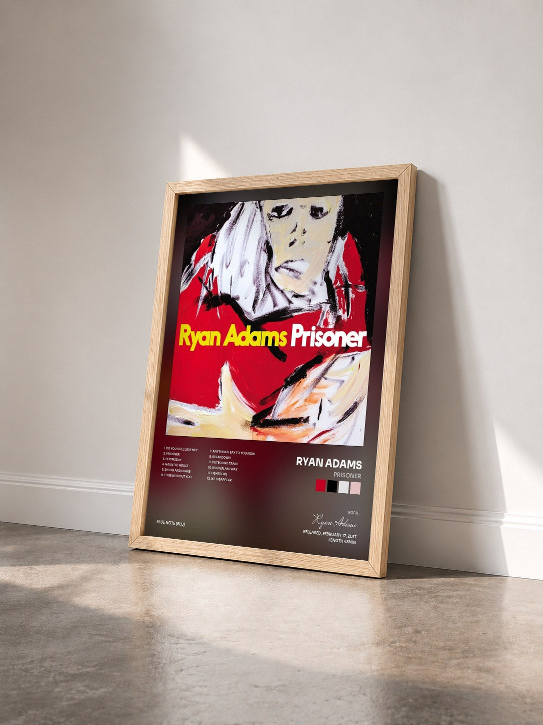 #bois Tableau de l'album Prisoner de Ryan Adams vu de trois quarts, cadre en bois brut