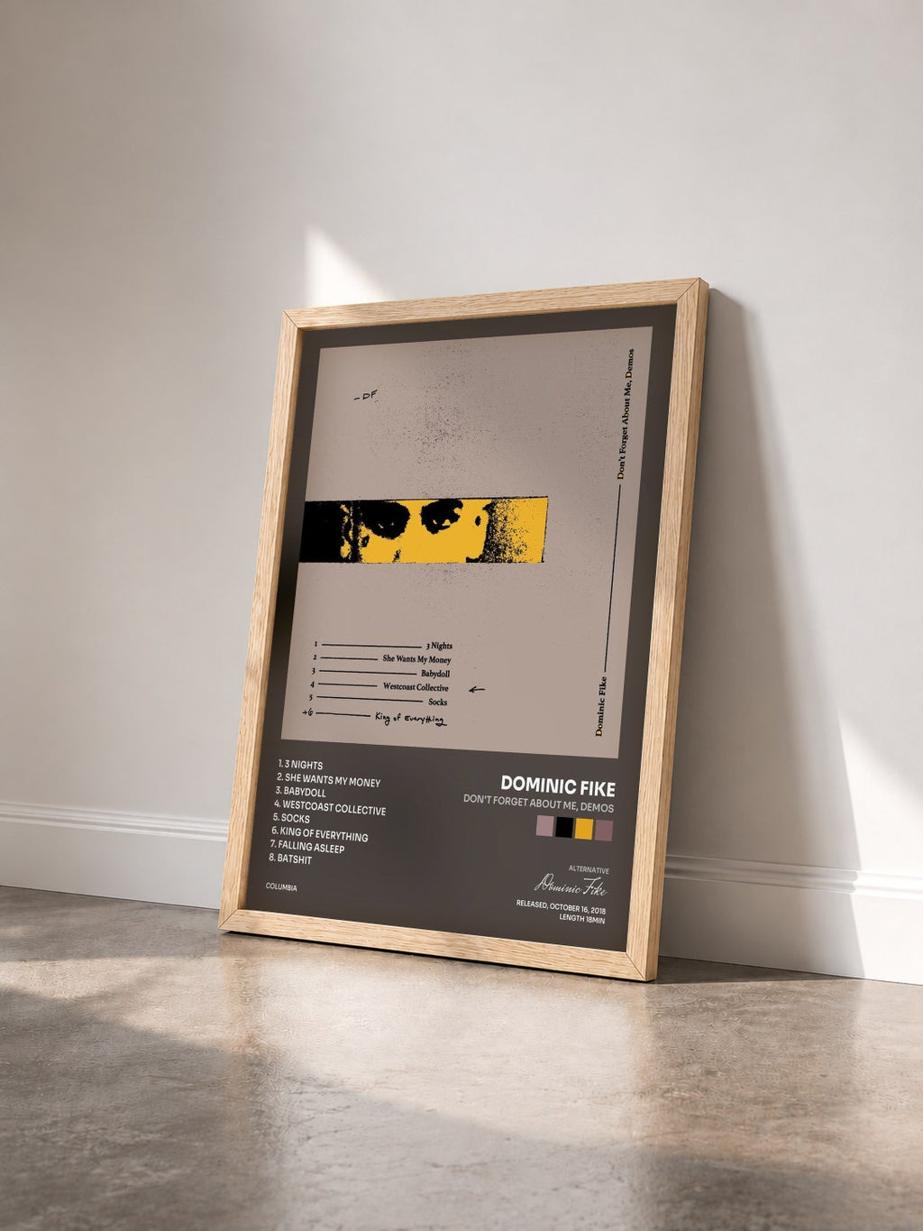 #bois Tableau de l'album Don't Forget About Me, Demos de Dominic Fike vu de trois quarts, cadre en bois brut