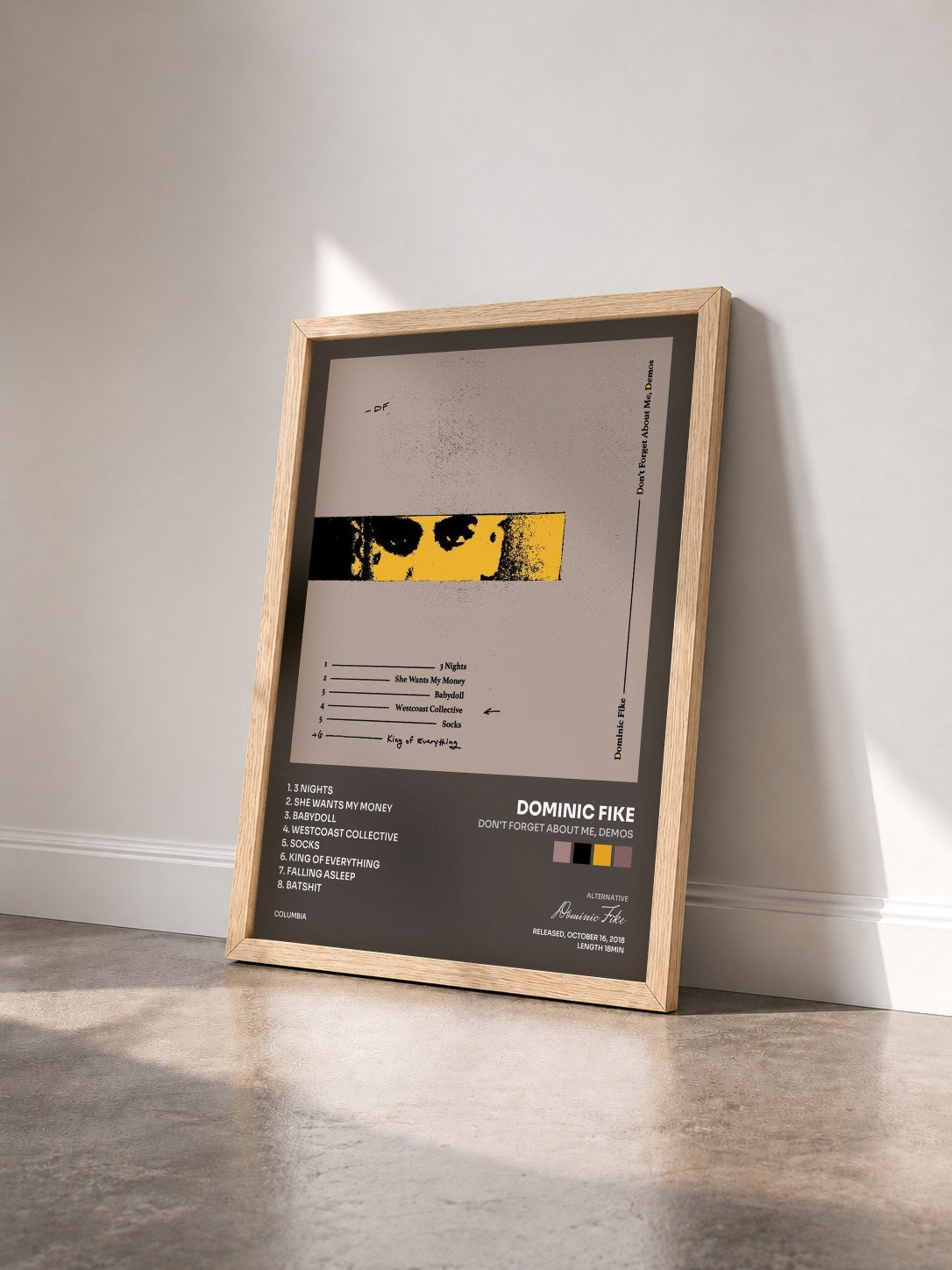 #bois Tableau de l'album Don't Forget About Me, Demos de Dominic Fike vu de trois quarts, cadre en bois brut