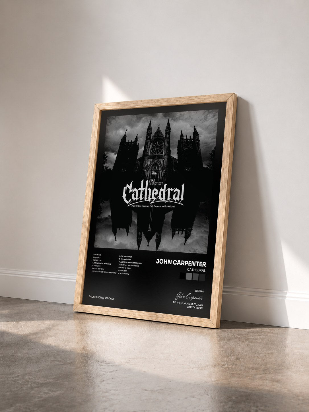 #bois Tableau de l'album Cathedral de John Carpenter vu de trois quarts, cadre en bois brut
