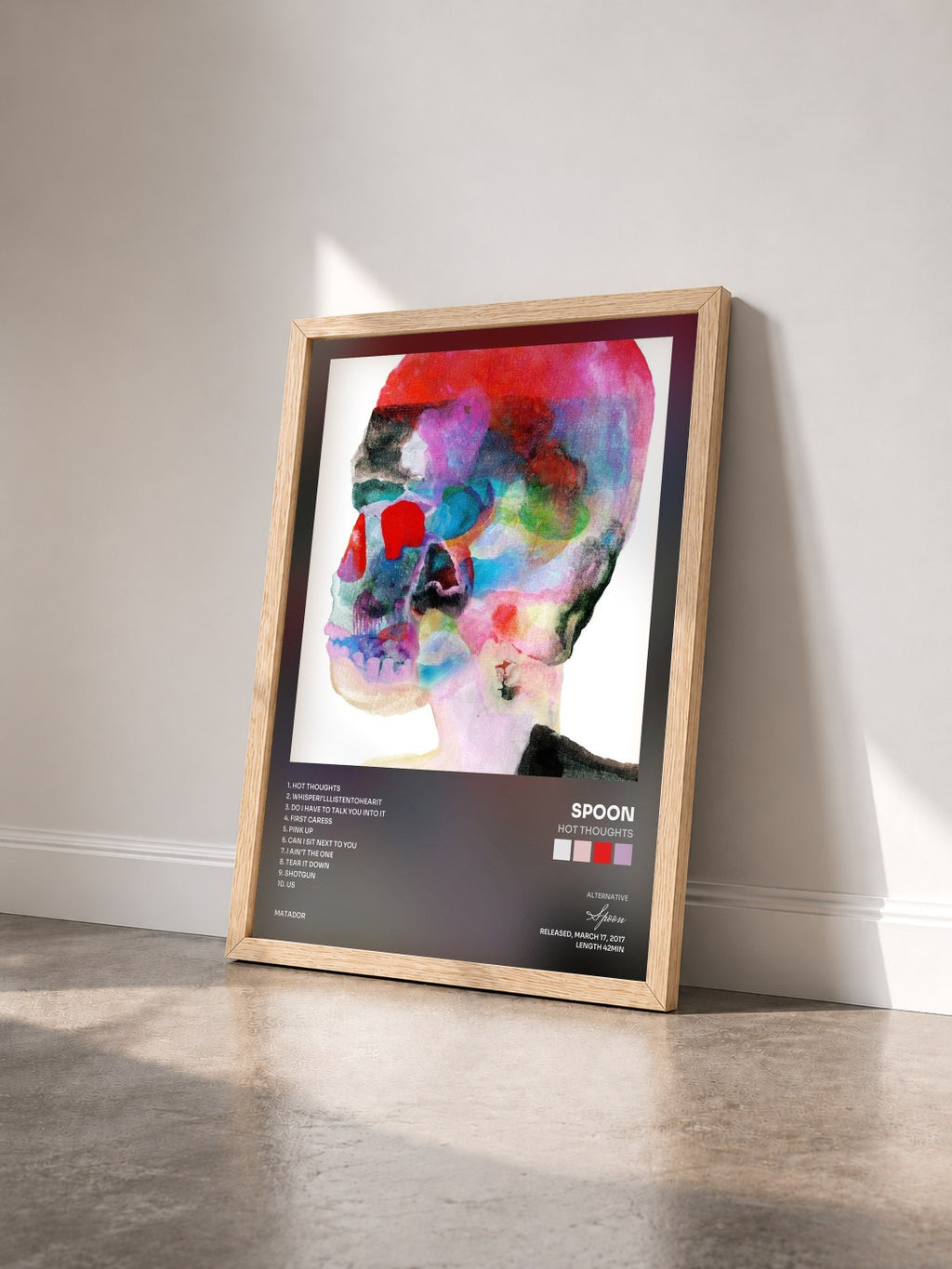 #bois Tableau de l'album Hot Thoughts de Spoon vu de trois quarts, cadre en bois brut