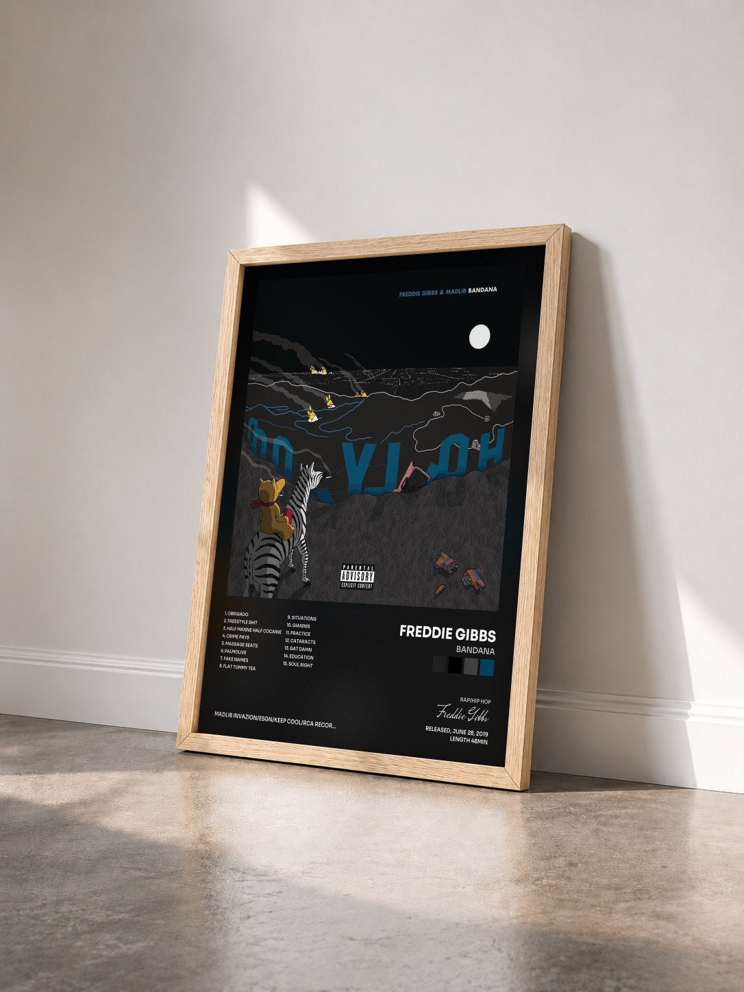 #bois Tableau de l'album Bandana de Freddie Gibbs vu de trois quarts, cadre en bois brut
