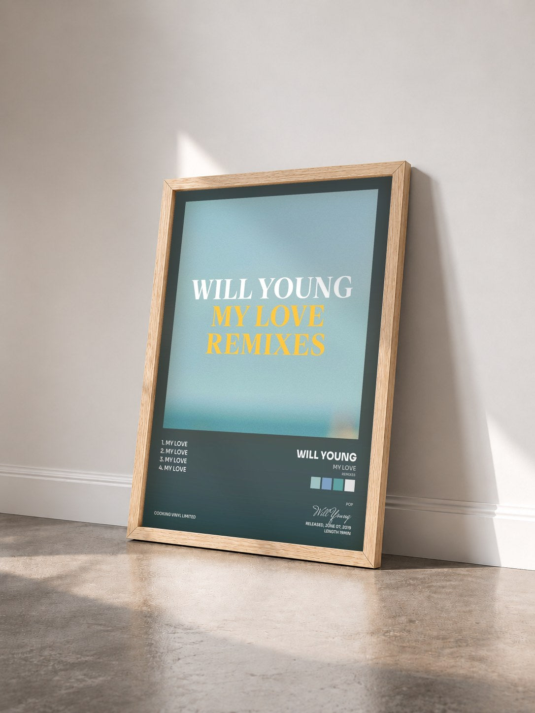#bois Tableau de l'album My Love (Remixes) de Will Young vu de trois quarts, cadre en bois brut