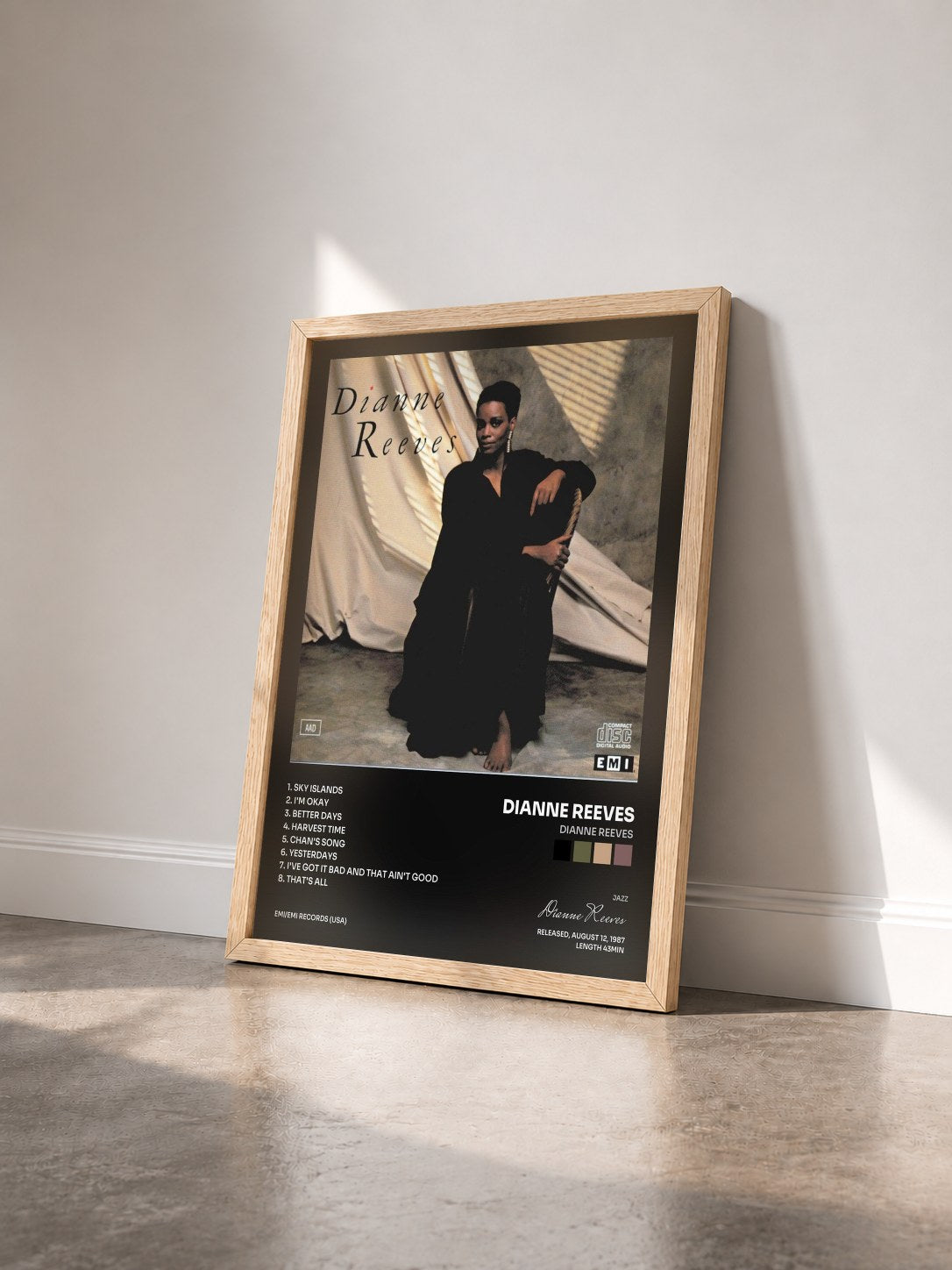 #bois Tableau de l'album Dianne Reeves de Dianne Reeves vu de trois quarts, cadre en bois brut