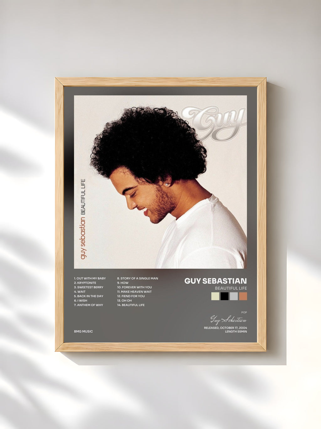 #bois Tableau de l'album Beautiful Life de Guy Sebastian, cadre en bois brut, imprimé et encadré en France