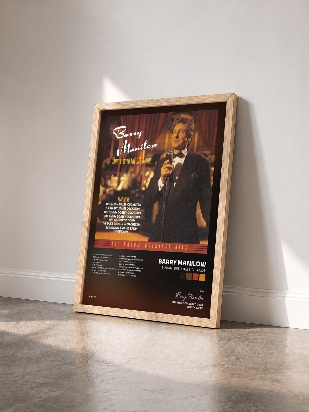 #bois Tableau de l'album Singin' With The Big Bands de Barry Manilow vu de trois quarts, cadre en bois brut