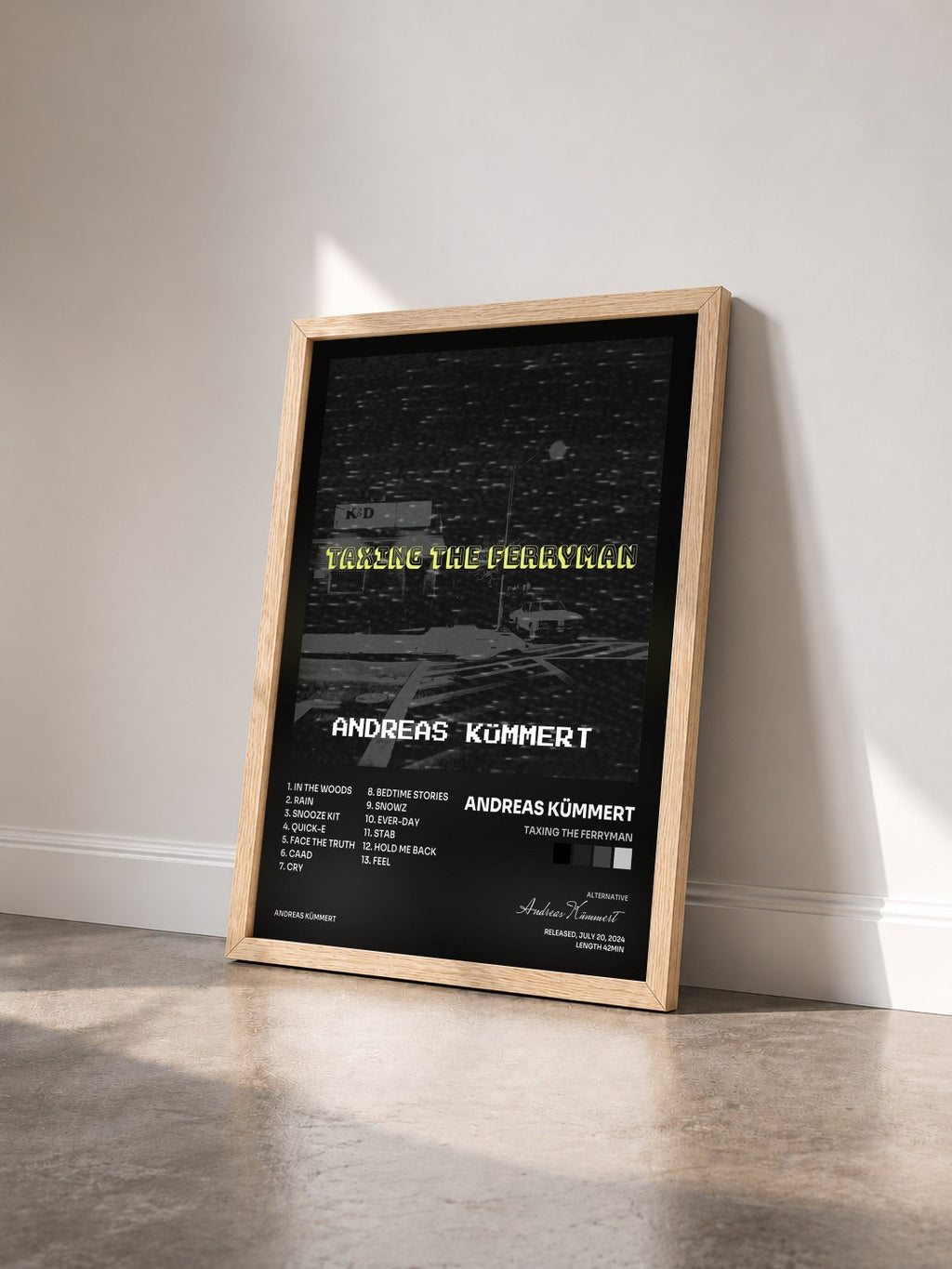 #bois Tableau de l'album Taxing the Ferryman de Andreas Kümmert vu de trois quarts, cadre en bois brut