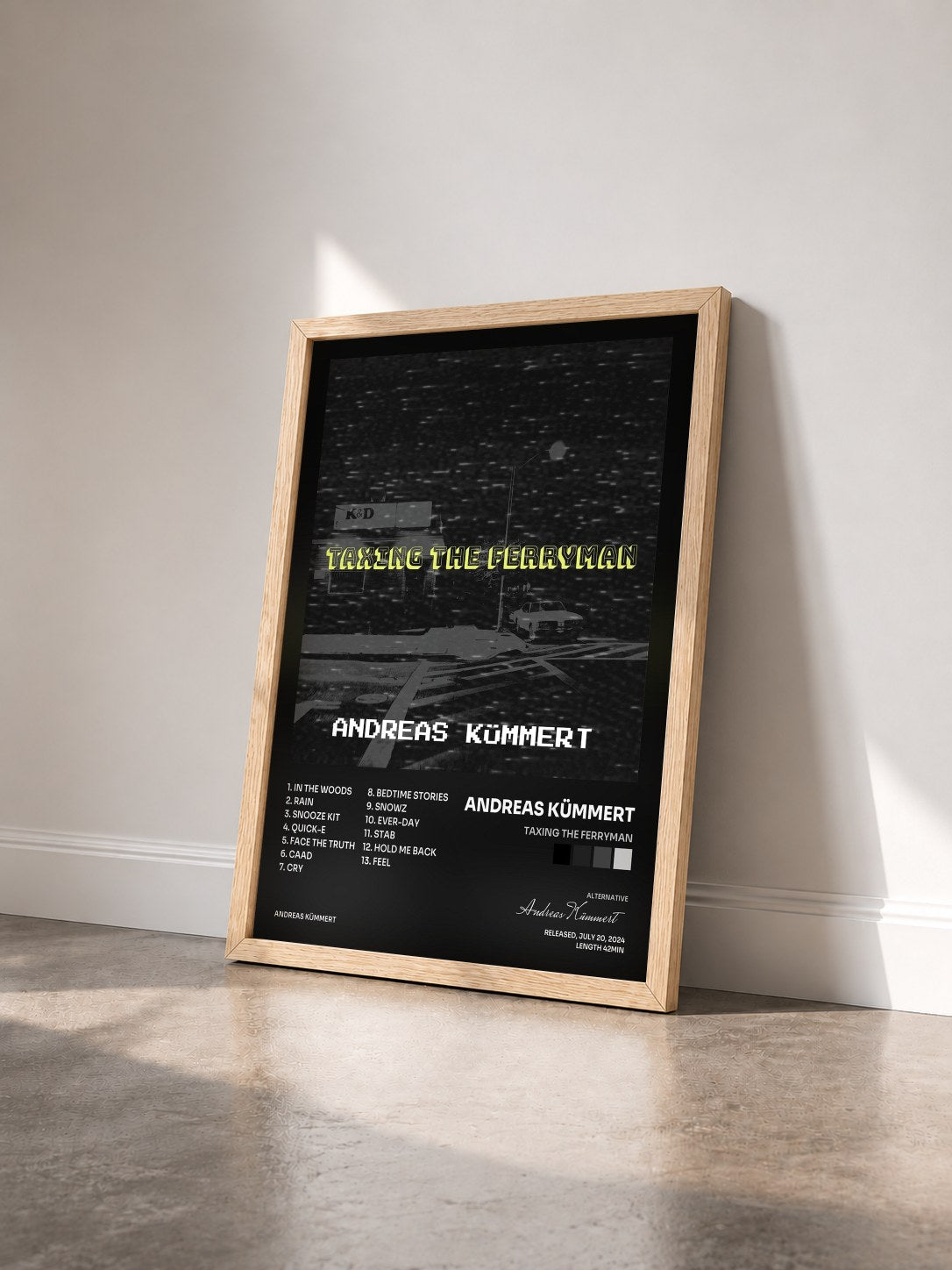 #bois Tableau de l'album Taxing the Ferryman de Andreas Kümmert vu de trois quarts, cadre en bois brut