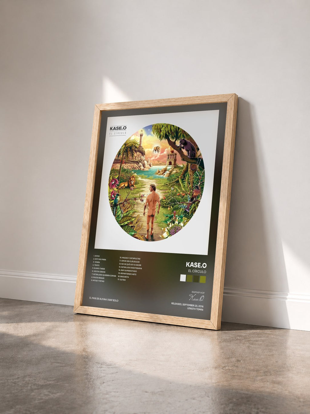 #bois Tableau de l'album El Círculo de Kase.O vu de trois quarts, cadre en bois brut
