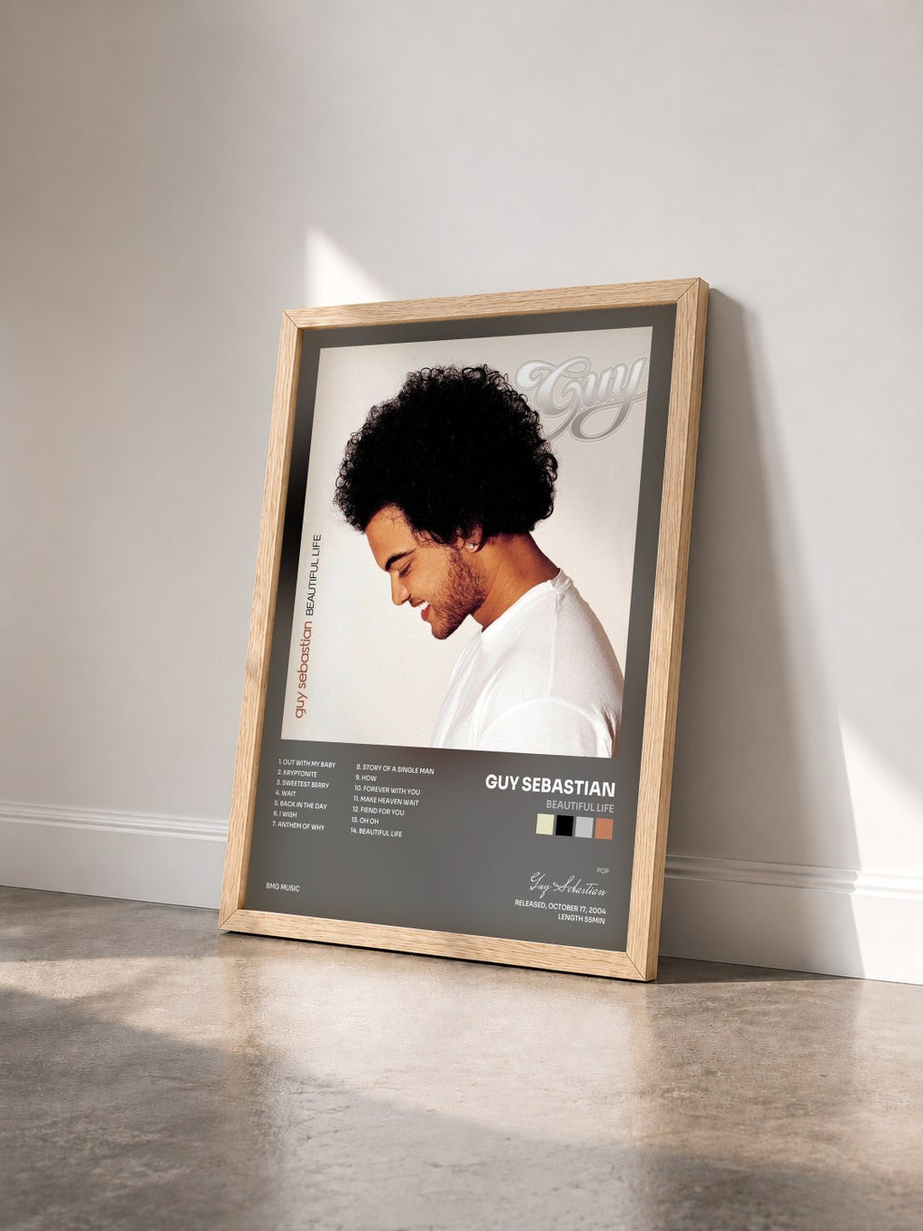 #bois Tableau de l'album Beautiful Life de Guy Sebastian vu de trois quarts, cadre en bois brut