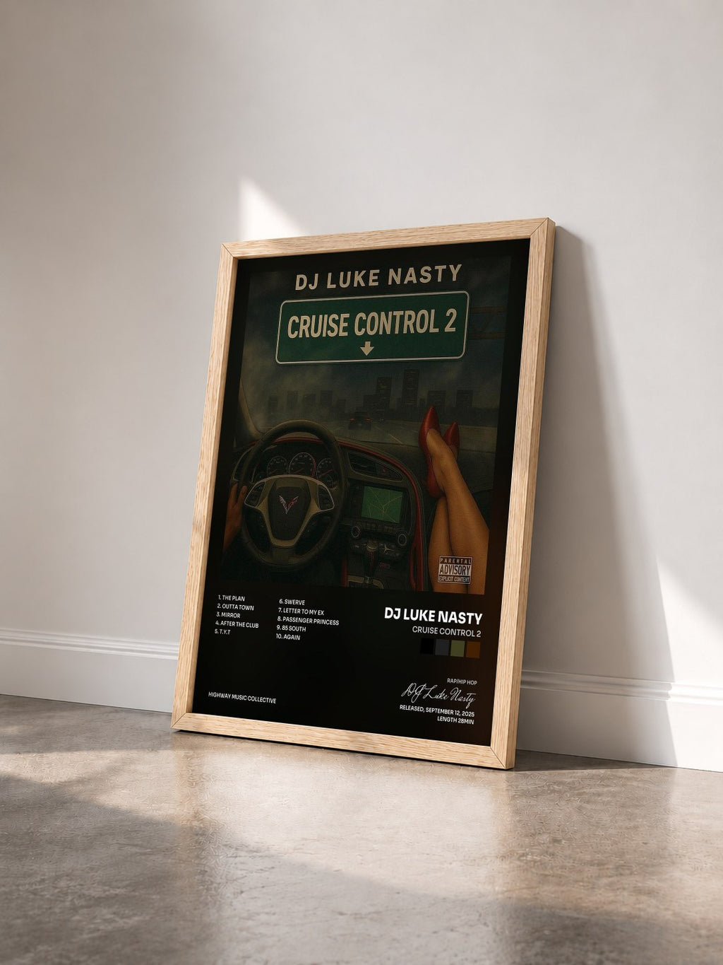 #bois Tableau de l'album Cruise Control 2 de DJ Luke Nasty vu de trois quarts, cadre en bois brut