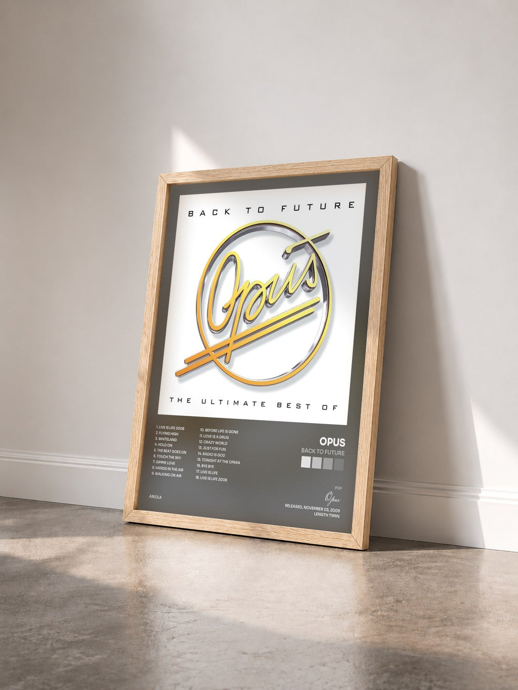 #bois Tableau de l'album Back to Future de Opus vu de trois quarts, cadre en bois brut