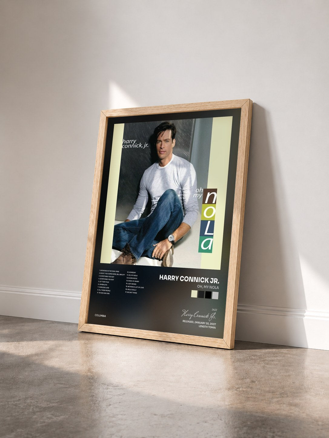 #bois Tableau de l'album Oh, My NOLA de Harry Connick Jr. vu de trois quarts, cadre en bois brut