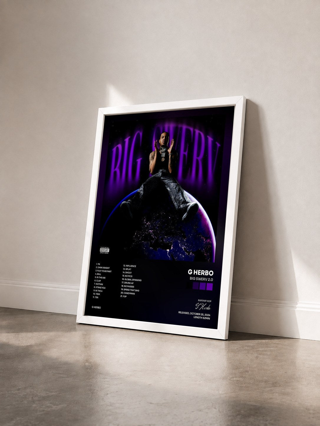 #blanc Tableau de l'album Big Swerv 2.0 de G Herbo vu de trois quarts, cadre blanc