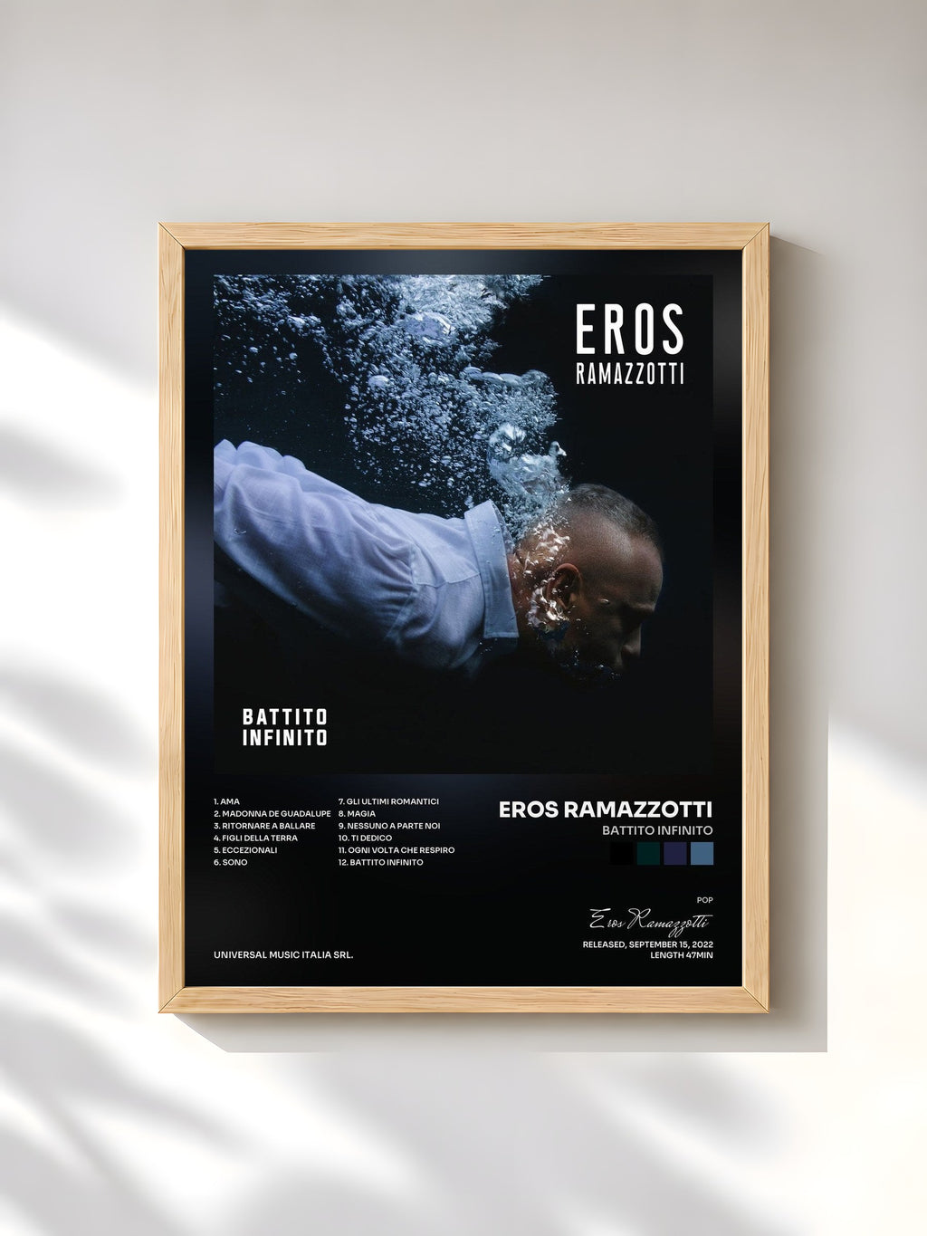 #bois Tableau de l'album Battito Infinito de Eros Ramazzotti, cadre en bois brut, imprimé et encadré en France