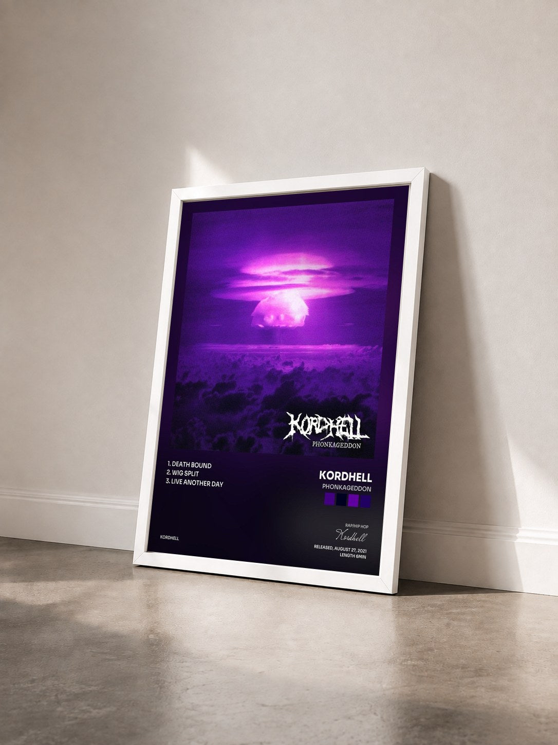 #blanc Tableau de l'album Phonkageddon de Kordhell vu de trois quarts, cadre blanc